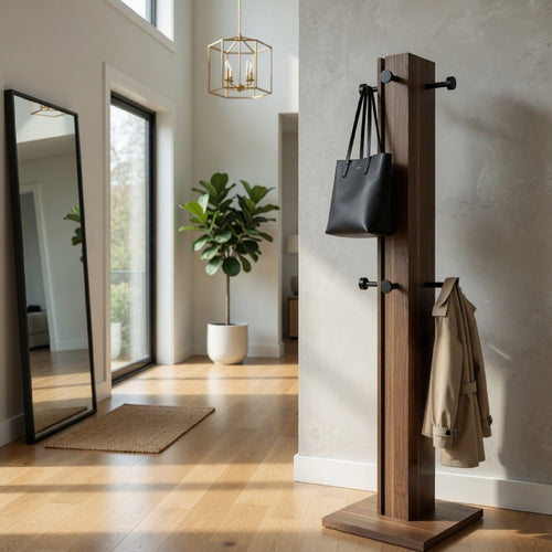 Rinki Coat Rack | 8 Metal Hooks w Wood Caps | Walnut Brown Plinth 72"
