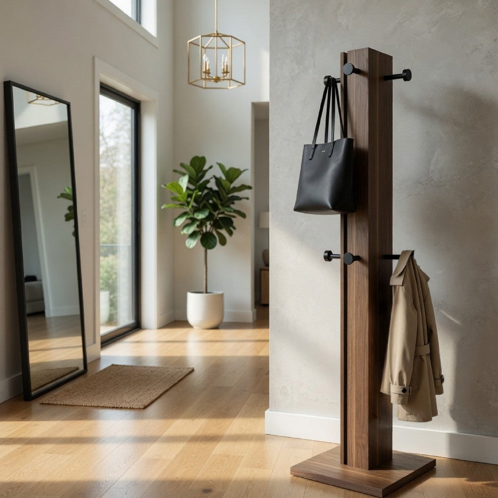Rinki Coat Rack | 8 Metal Hooks w Wood Caps | Walnut Brown Plinth 72"