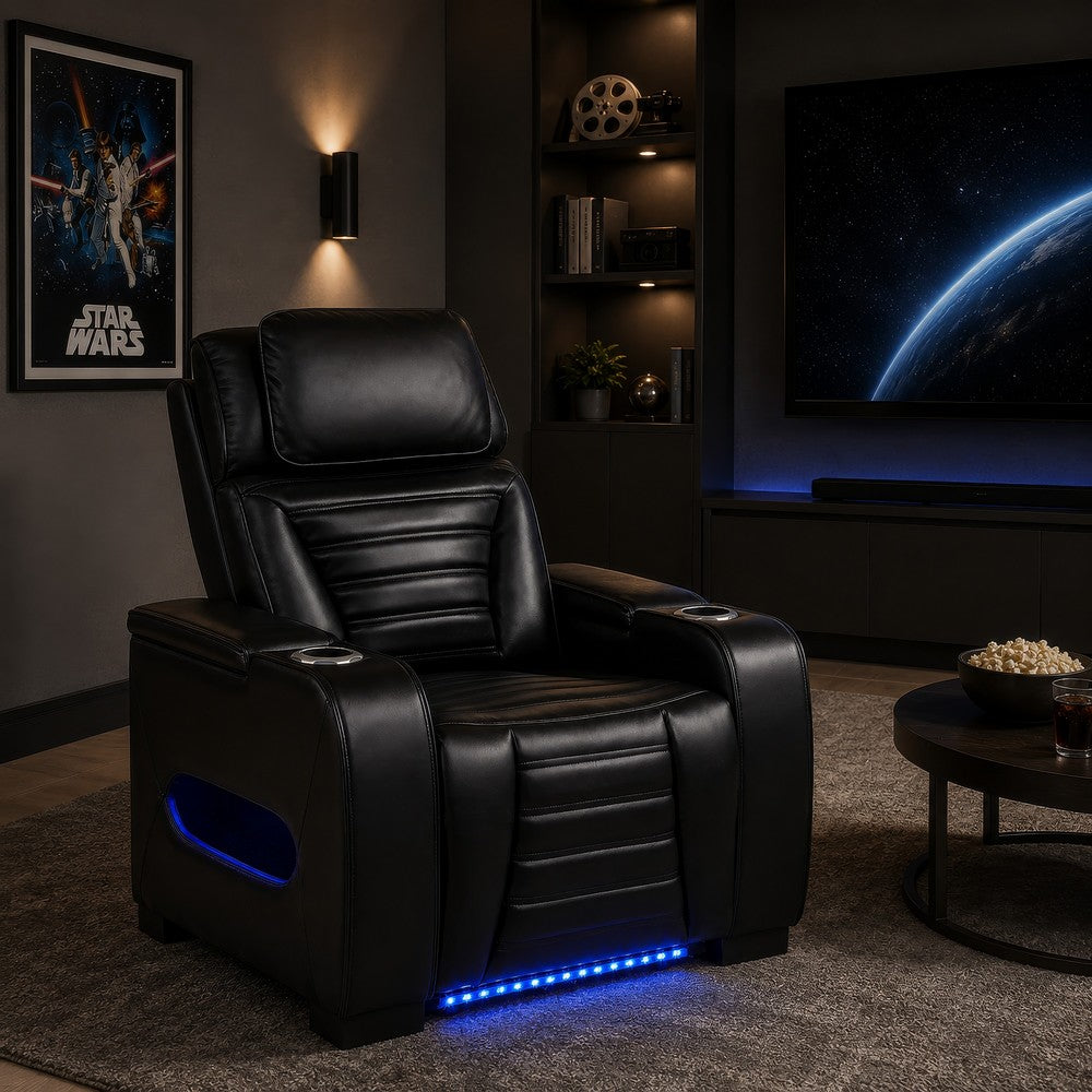 Uman Dual Power Glider Recliner Chair w LED & USB | Black Faux Leather
