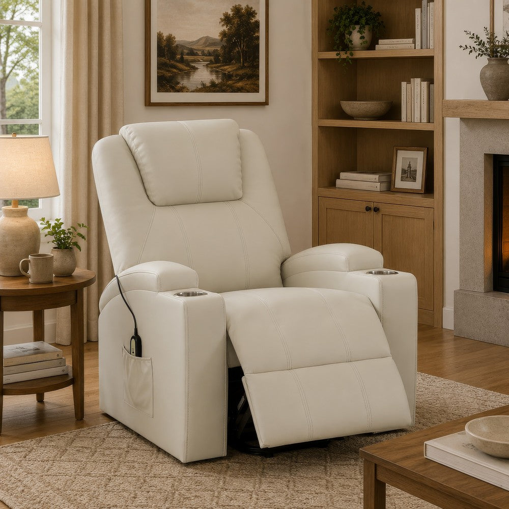 Stoy Power Lift Recliner Chair | Heat & Massage | Ivory Faux Leather