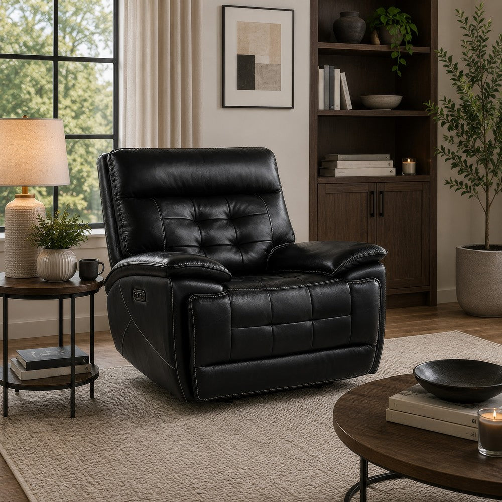 Witt Dual Power Recliner Chair w USB | foam Fill Black Top Grain Leather
