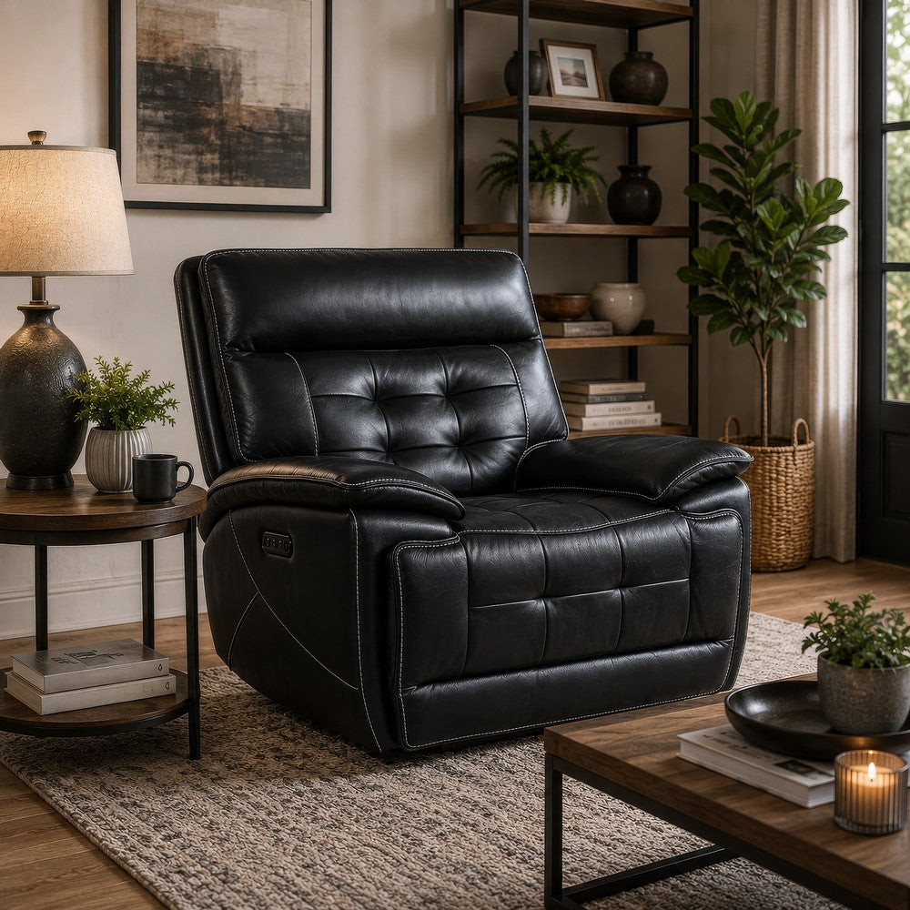 Witt Dual Power Recliner Chair w USB | foam Fill Black Top Grain Leather