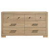 Poxy Wide Dresser with 6 Drawers | Nickel Metal | Oak Brown Wood
