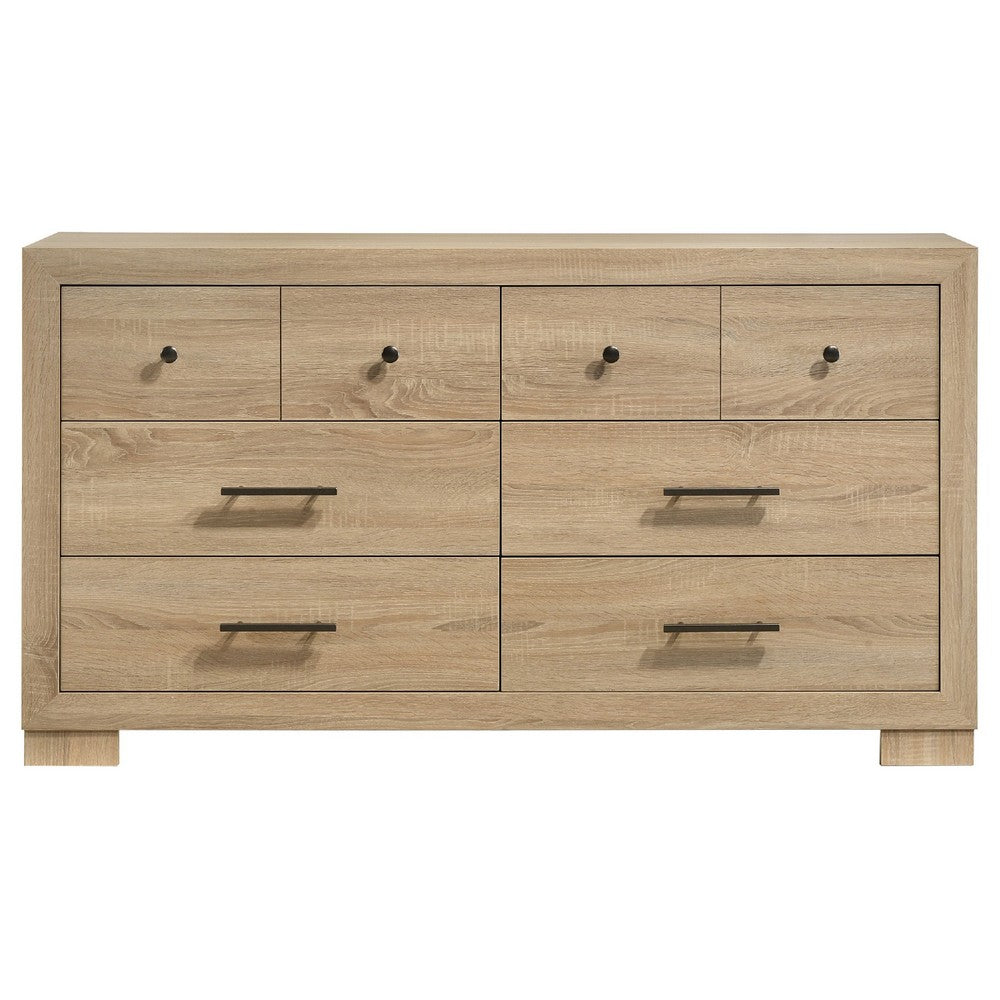 Poxy Wide Dresser with 6 Drawers | Nickel Metal | Oak Brown Wood