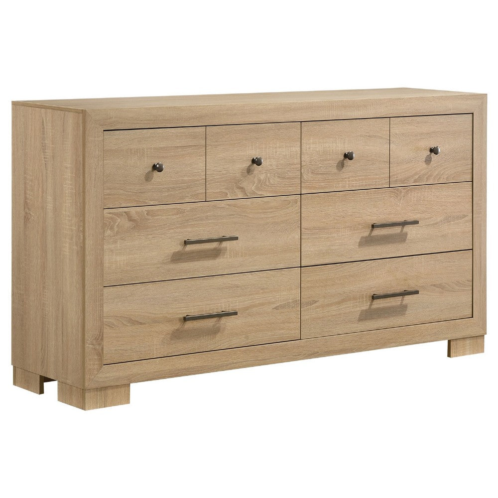 Poxy Wide Dresser with 6 Drawers | Nickel Metal | Oak Brown Wood