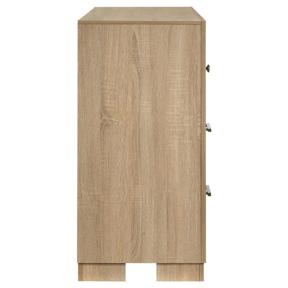 Poxy Wide Dresser with 6 Drawers | Nickel Metal | Oak Brown Wood