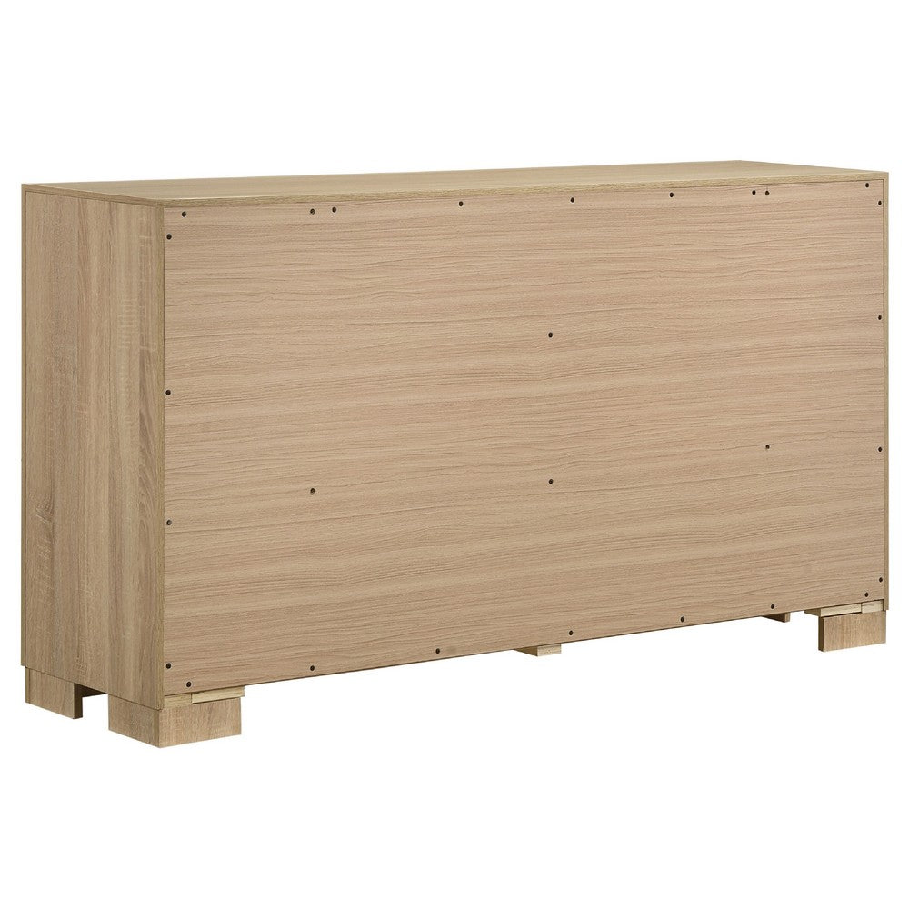 Poxy Wide Dresser with 6 Drawers | Nickel Metal | Oak Brown Wood