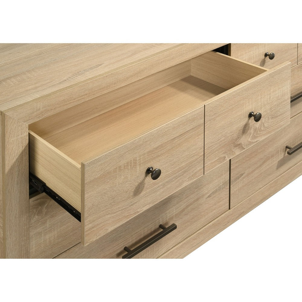 Poxy Wide Dresser with 6 Drawers | Nickel Metal | Oak Brown Wood