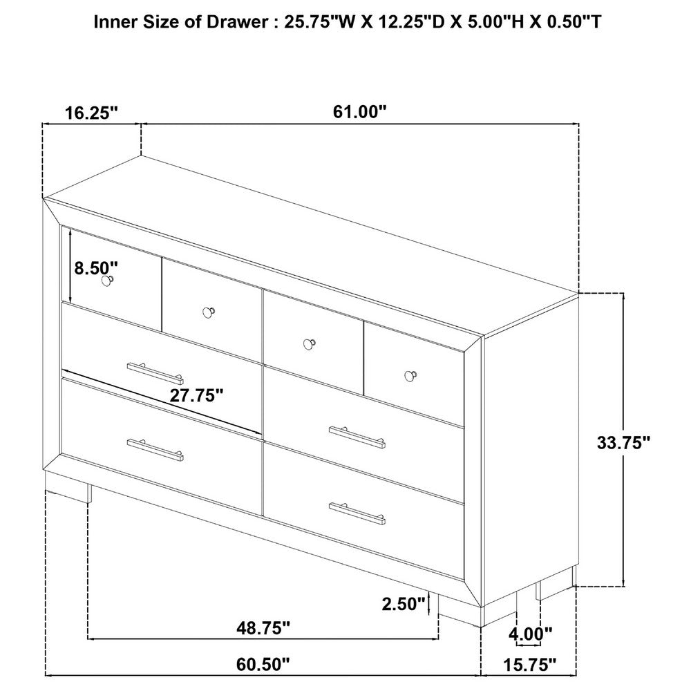 Poxy Wide Dresser with 6 Drawers | Nickel Metal | Oak Brown Wood