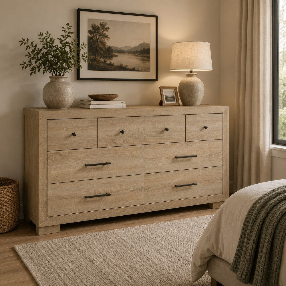 Poxy Wide Dresser with 6 Drawers | Nickel Metal | Oak Brown Wood