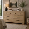 Poxy Wide Dresser with 6 Drawers | Nickel Metal | Oak Brown Wood