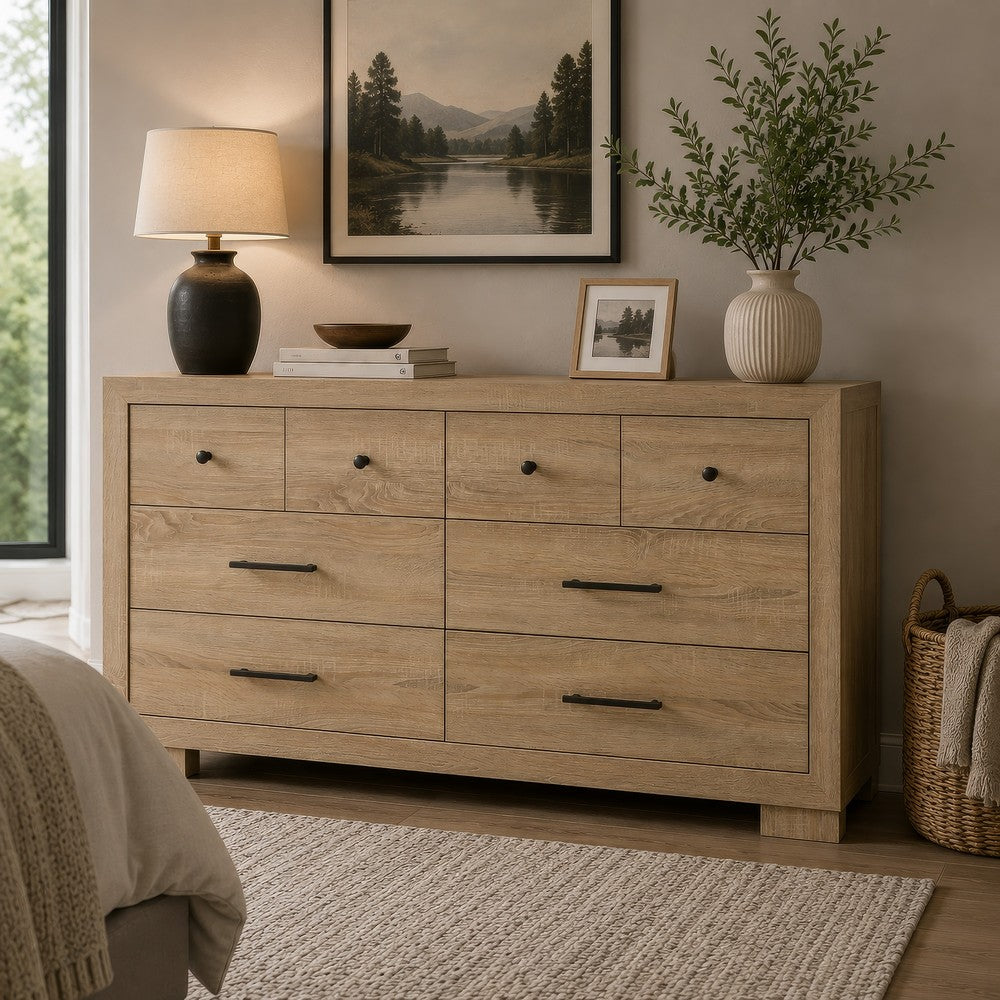 Poxy Wide Dresser with 6 Drawers | Nickel Metal | Oak Brown Wood