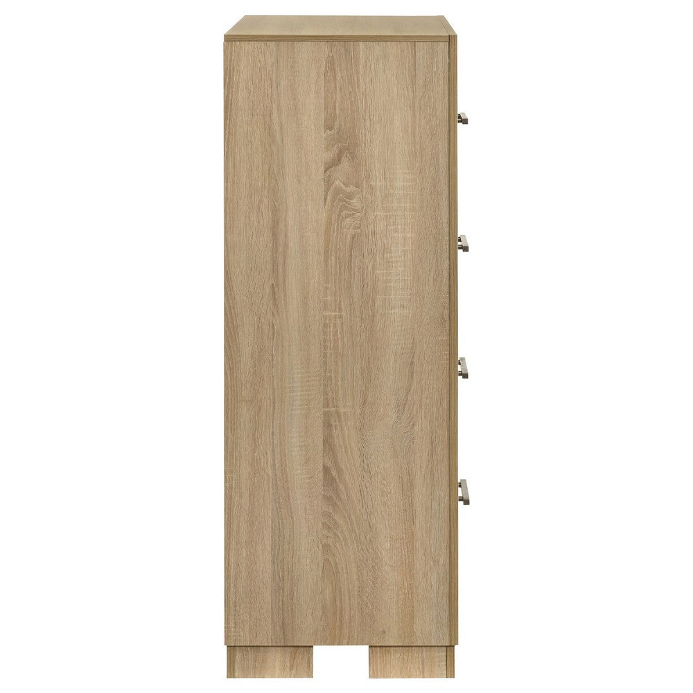 Poxy Tall Dresser Chest with 4 Drawers | Nickel Metal | Oak Brown Wood