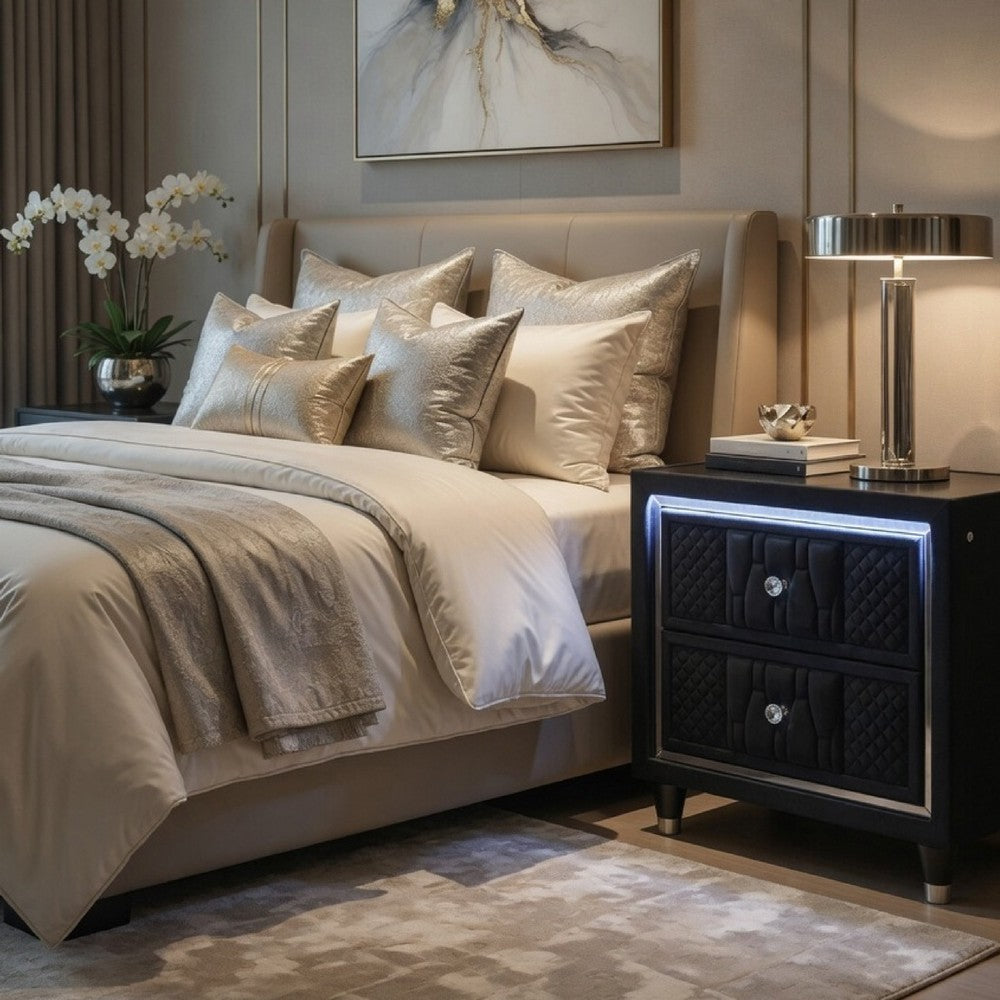 Maren Nightst& with 2 LED Drawers | USB Port | Black Velvet 28"