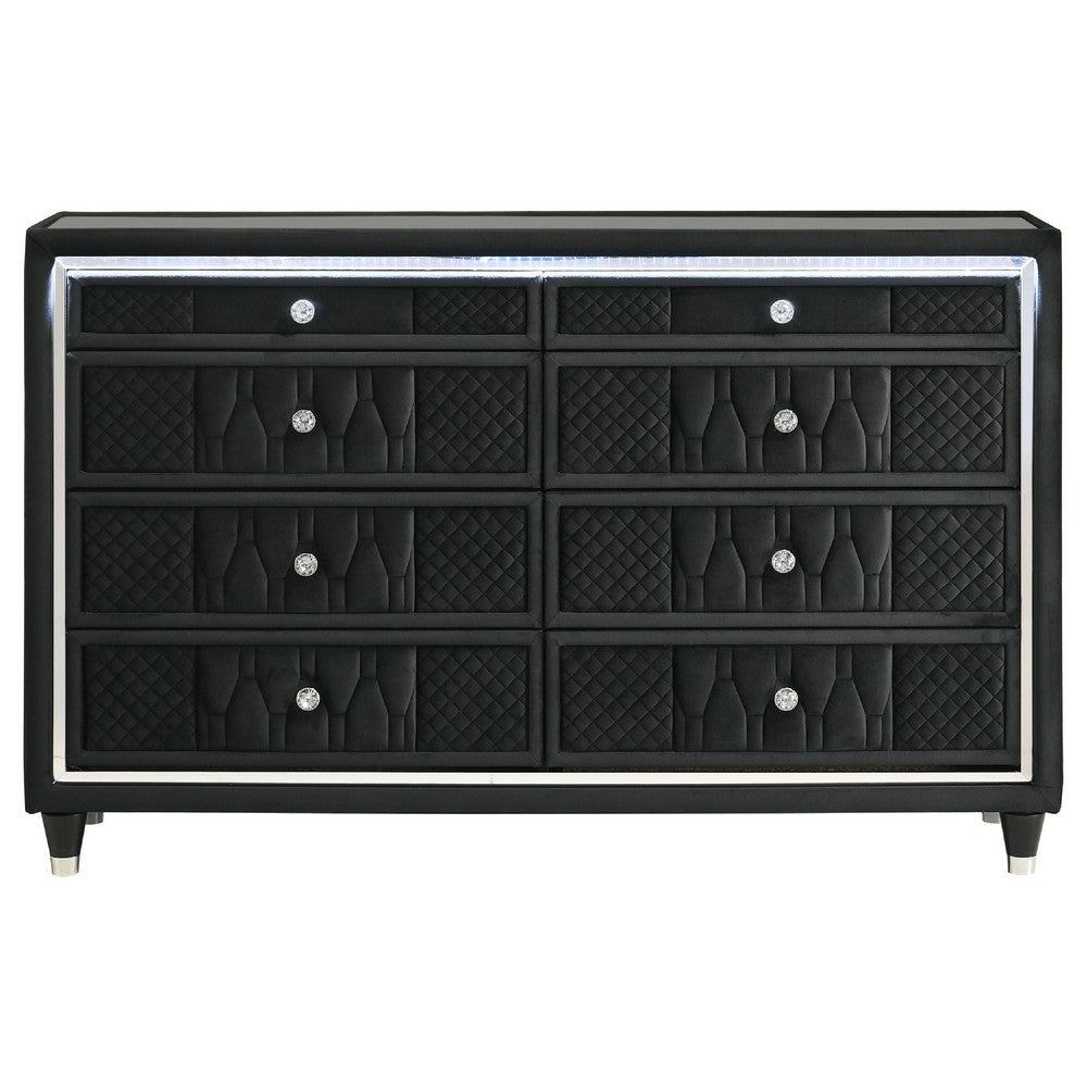 Maren Wide Dresser | 8 Drawers & LED Light | Black Tufted Velvet | Glass Top