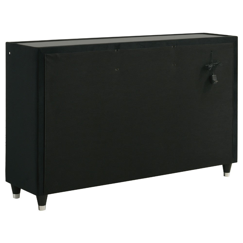 Maren Wide Dresser | 8 Drawers & LED Light | Black Tufted Velvet | Glass Top