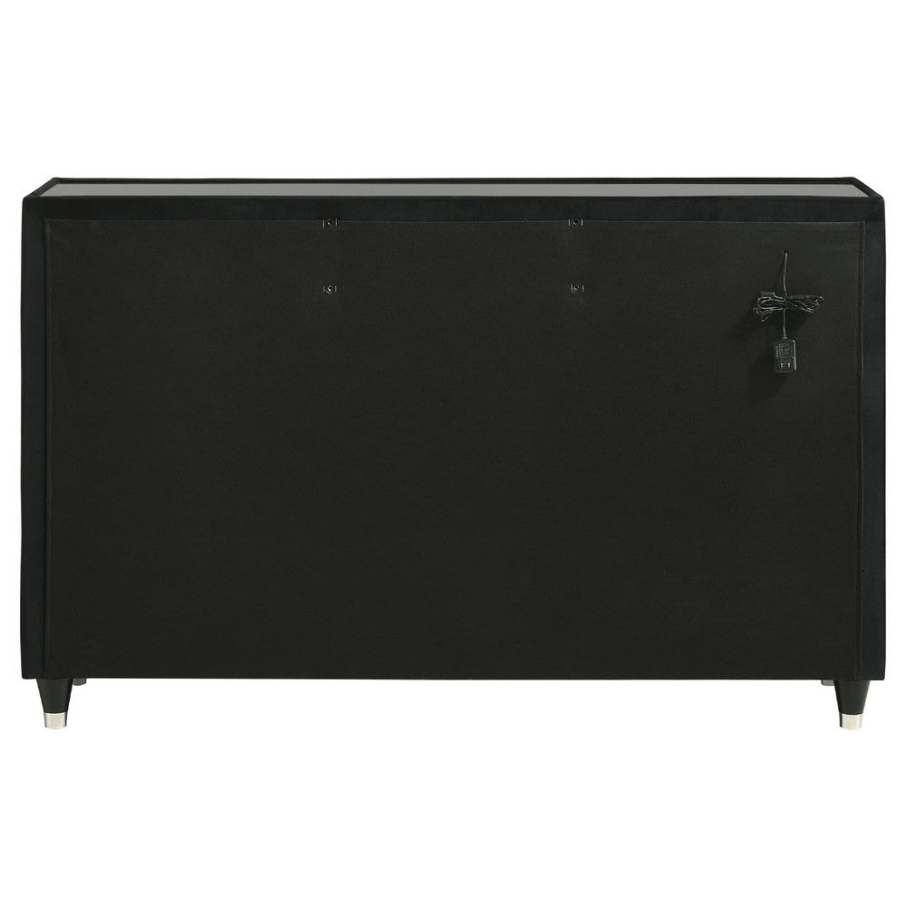 Maren Wide Dresser | 8 Drawers & LED Light | Black Tufted Velvet | Glass Top