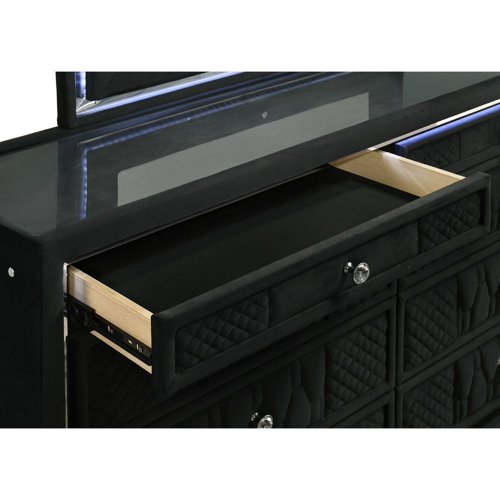 Maren Wide Dresser | 8 Drawers & LED Light | Black Tufted Velvet | Glass Top