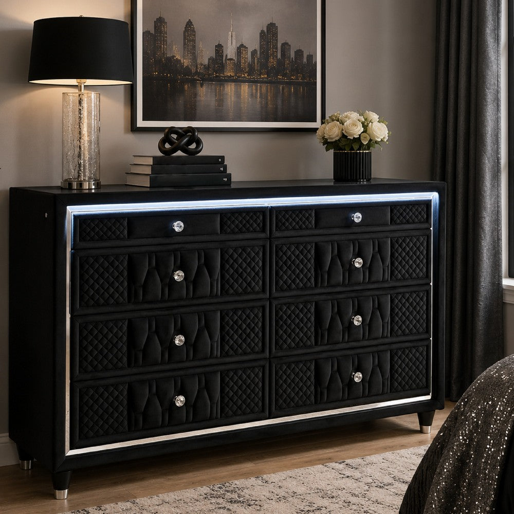 Maren Wide Dresser | 8 Drawers & LED Light | Black Tufted Velvet | Glass Top