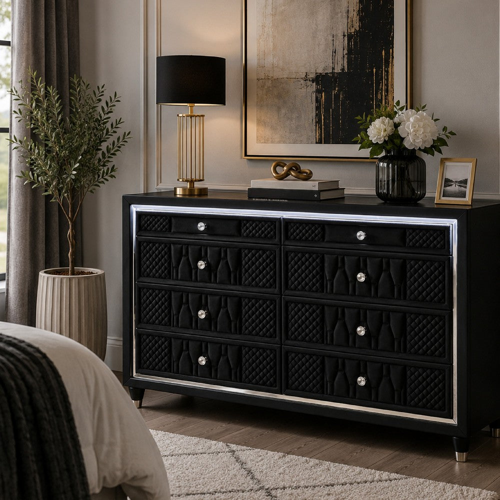 Maren Wide Dresser | 8 Drawers & LED Light | Black Tufted Velvet | Glass Top