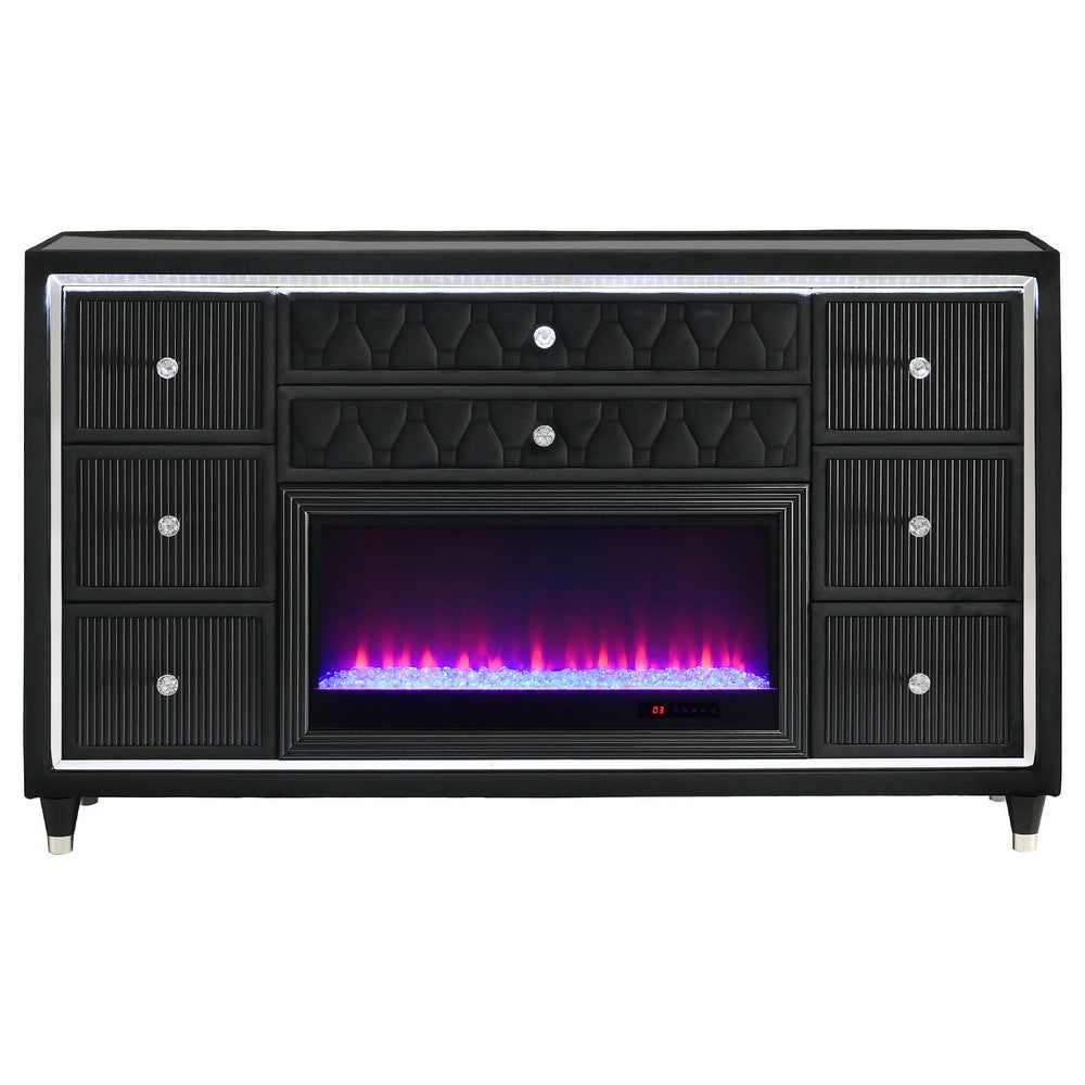 Maren Wide Dresser  8 Drawers & LED Flame Box | Black Velvet