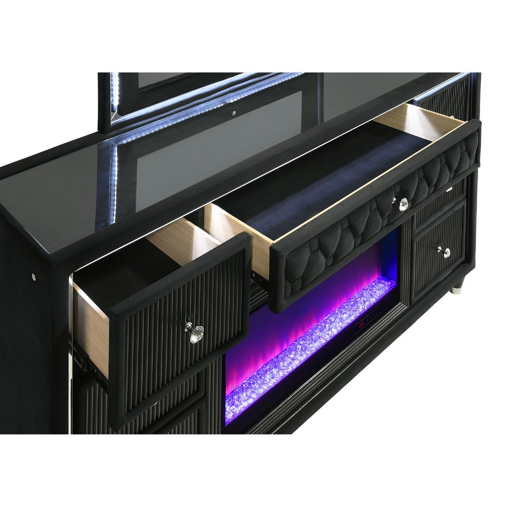 Maren Wide Dresser  8 Drawers & LED Flame Box | Black Velvet