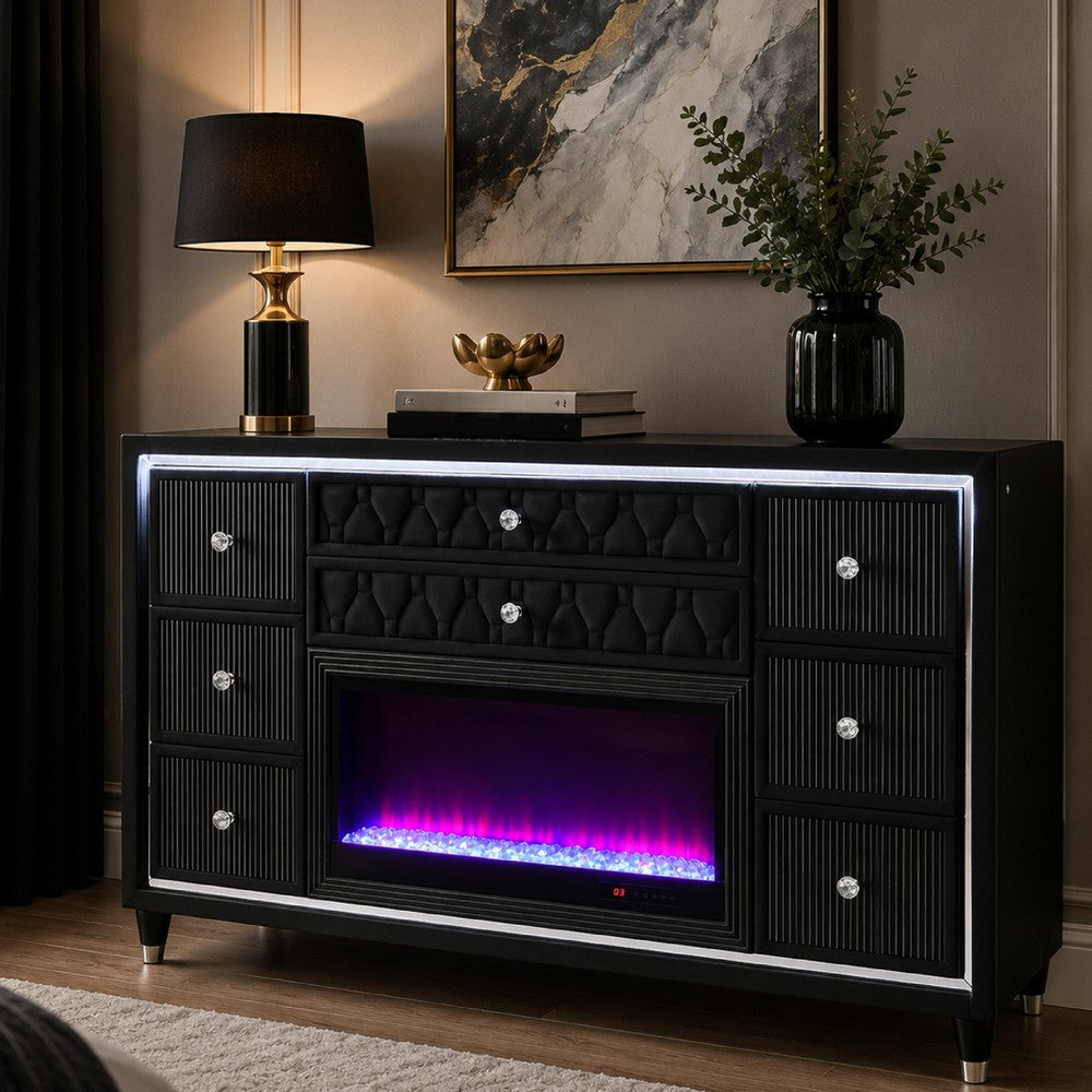 Maren Wide Dresser  8 Drawers & LED Flame Box | Black Velvet