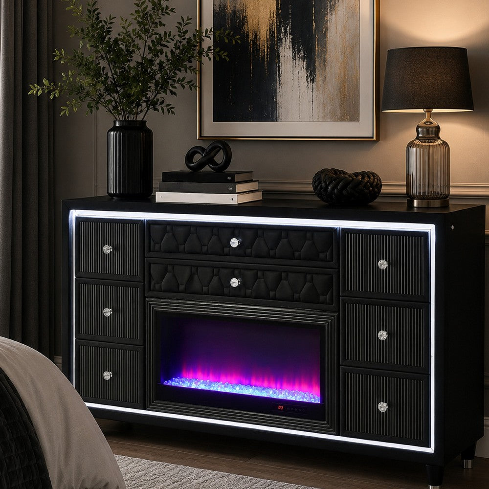 Maren Wide Dresser  8 Drawers & LED Flame Box | Black Velvet