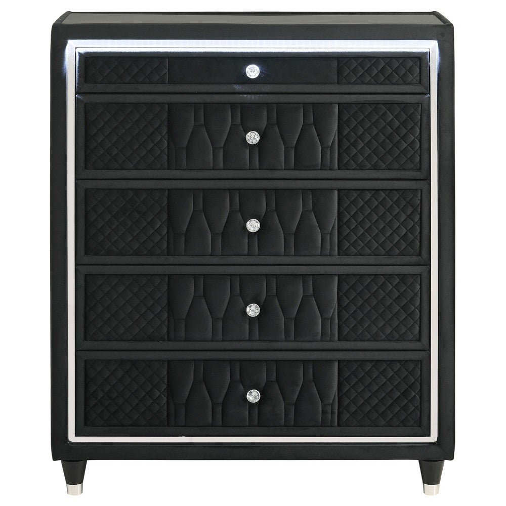 Maren Tall Dresser Chest | 5 Drawers & LED Light | Black Tufted Velvet