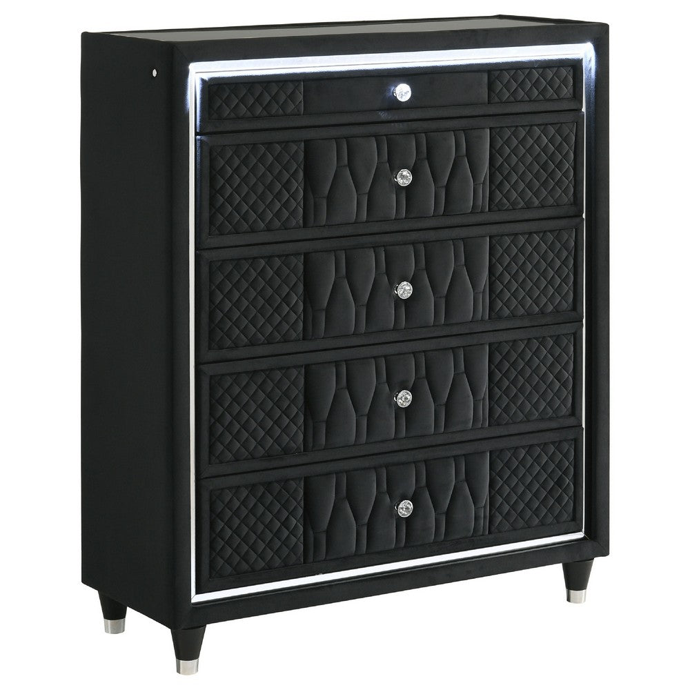 Maren Tall Dresser Chest | 5 Drawers & LED Light | Black Tufted Velvet