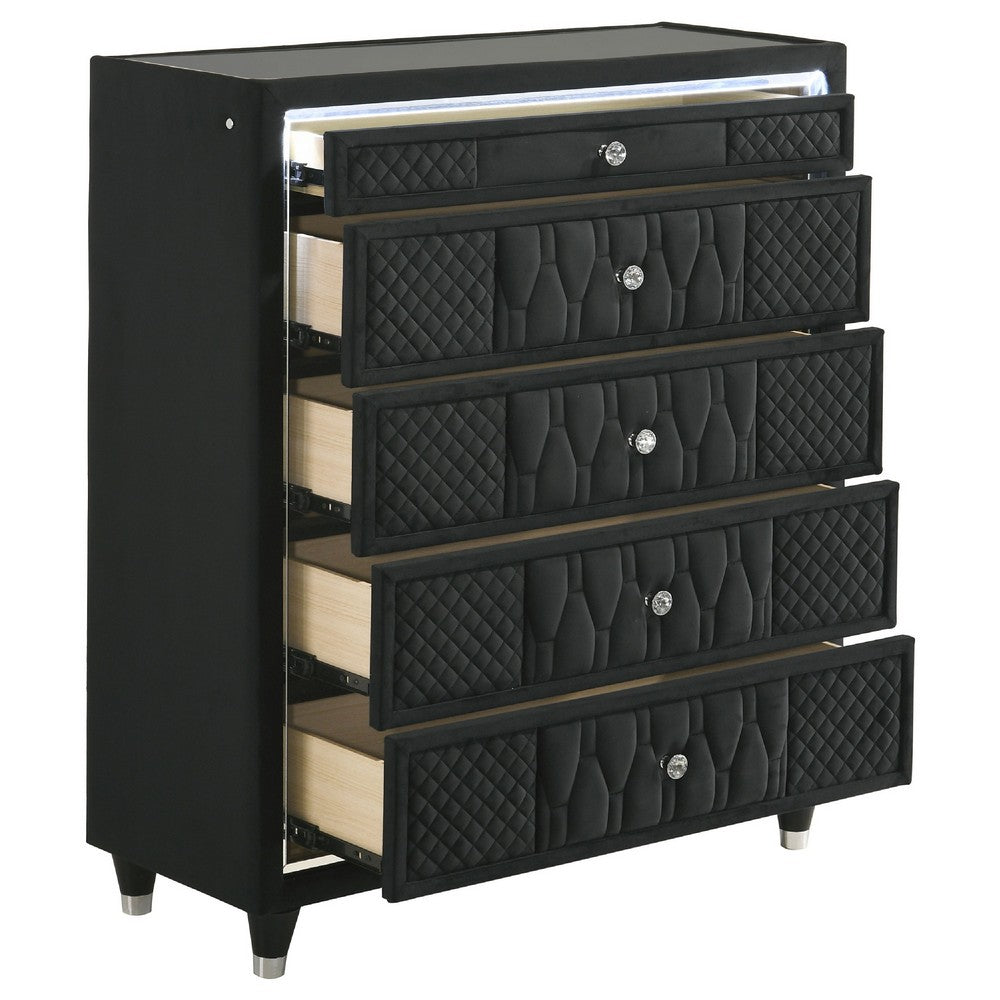 Maren Tall Dresser Chest | 5 Drawers & LED Light | Black Tufted Velvet