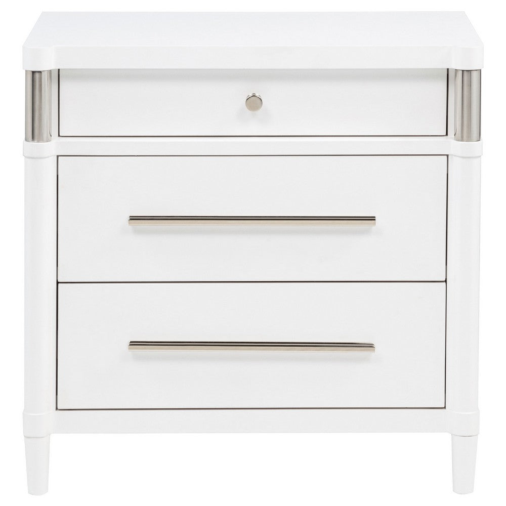 Ruvie Nightst& with 3 Drawers | Metal Post Accent | White Wood 26"