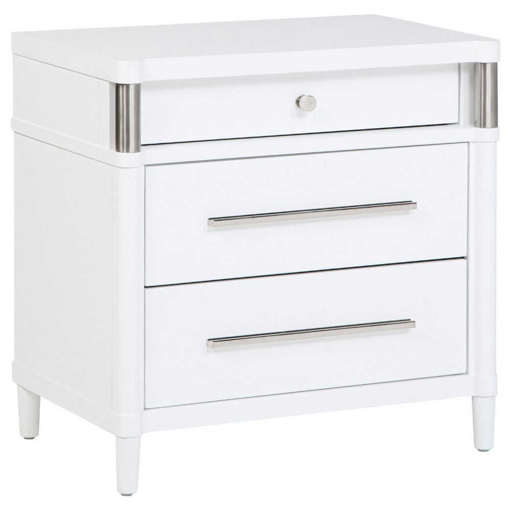 Ruvie Nightst& with 3 Drawers | Metal Post Accent | White Wood 26"