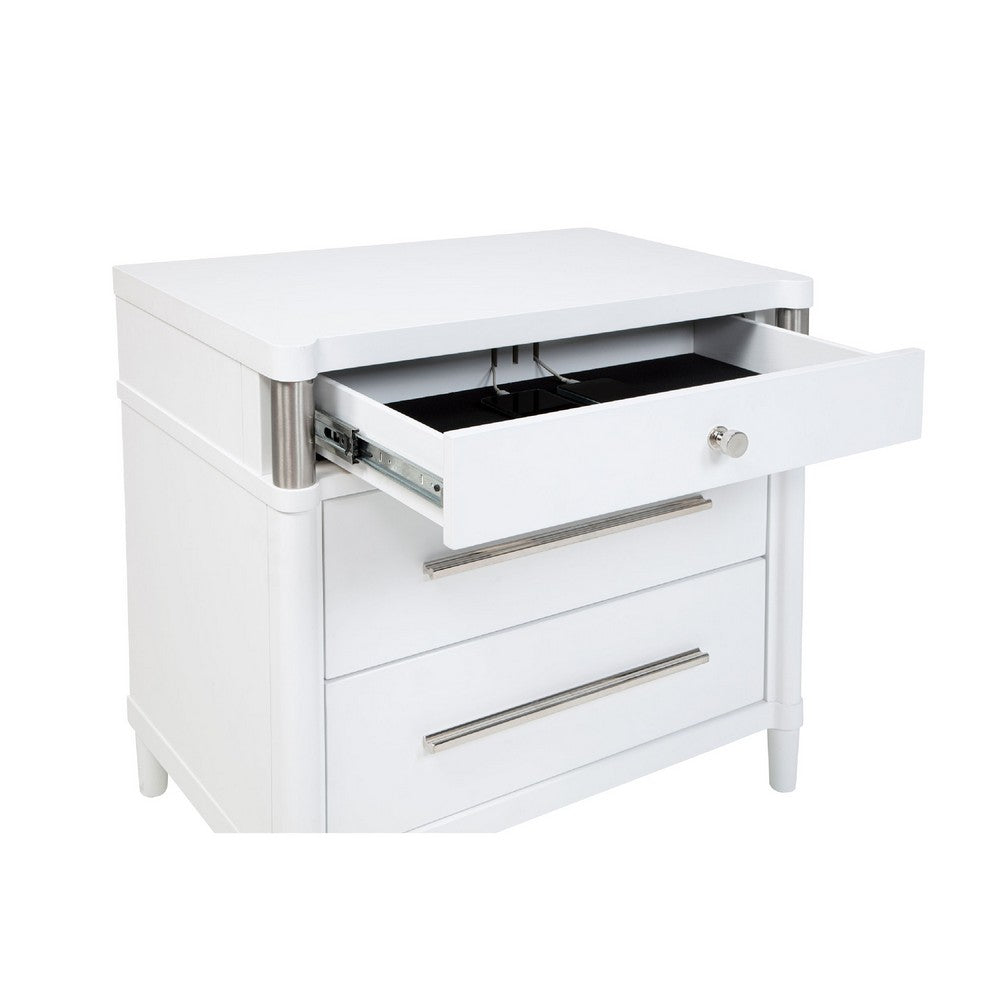 Ruvie Nightst& with 3 Drawers | Metal Post Accent | White Wood 26"