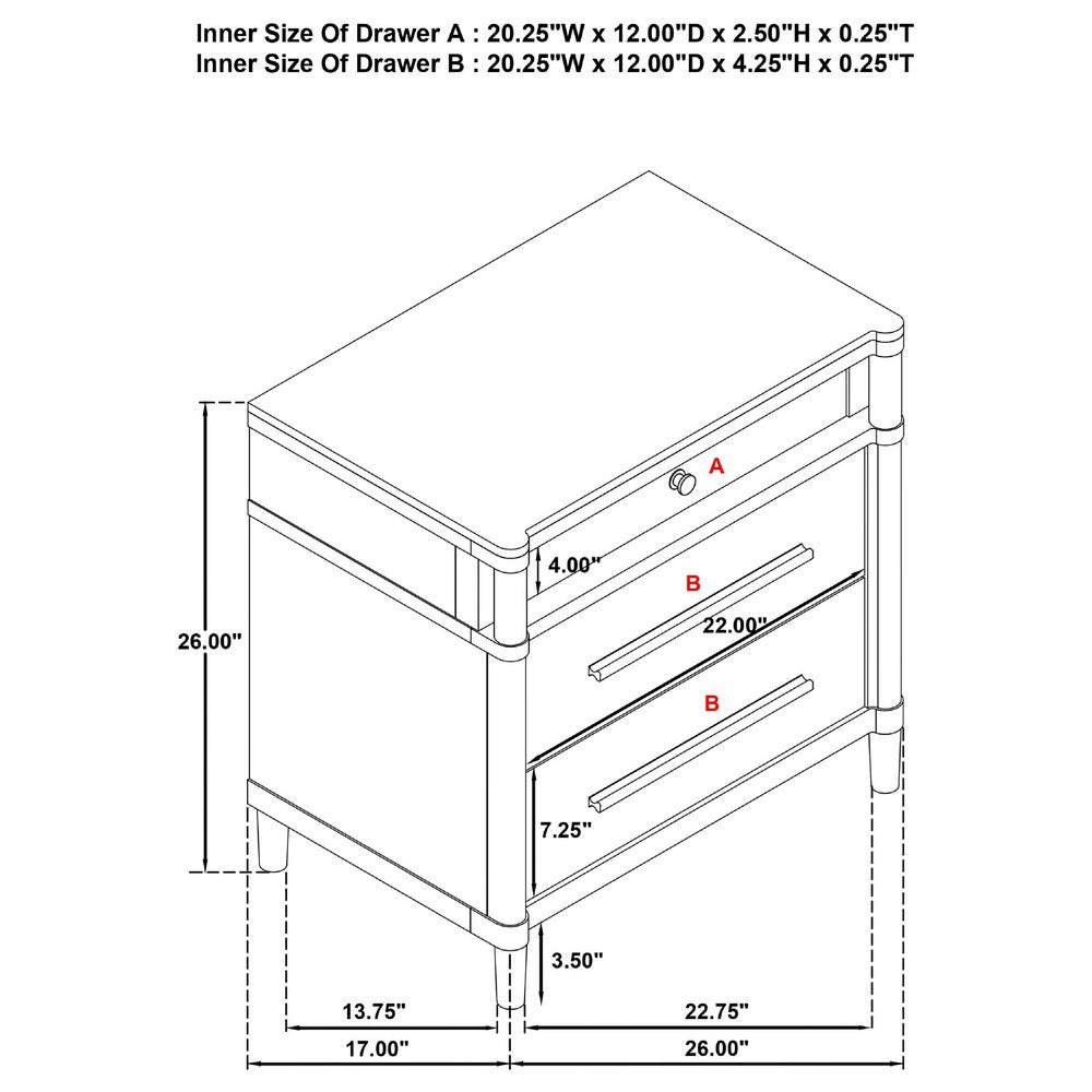 Ruvie Nightst& with 3 Drawers | Metal Post Accent | White Wood 26"