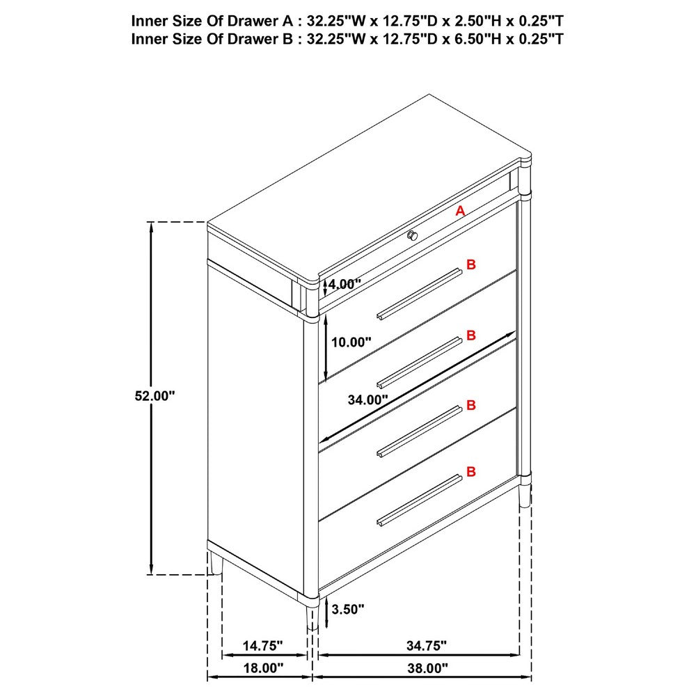 Ruvie Tall Chest 5 Drawers w Felt lined Jewellery Drawer | White Wood
