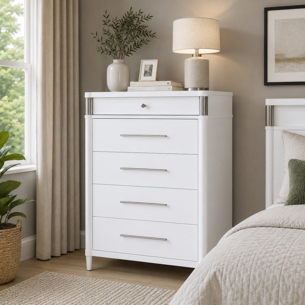 Ruvie Tall Chest 5 Drawers w Felt lined Jewellery Drawer | White Wood