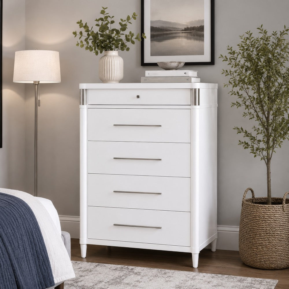 Ruvie Tall Chest 5 Drawers w Felt lined Jewellery Drawer | White Wood
