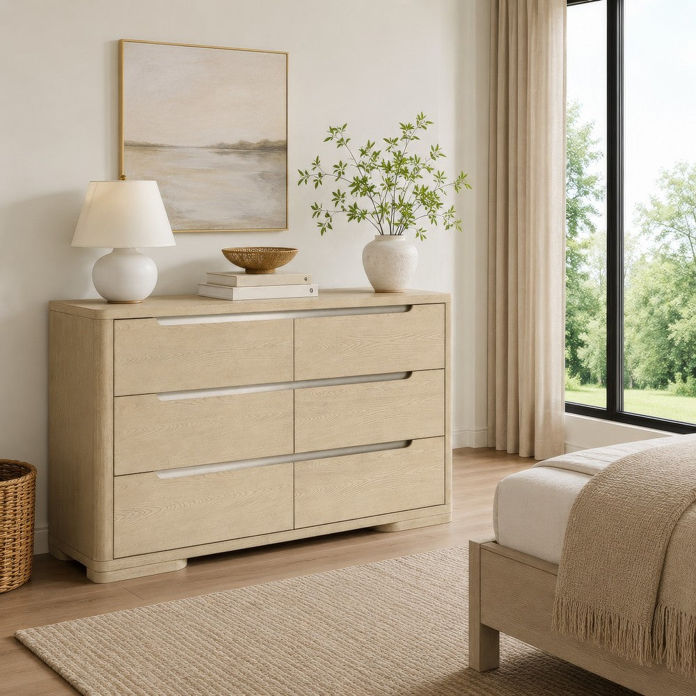 Saina Wide Dresser with 6 Drawers | Fingertip Handles | Brown Wood