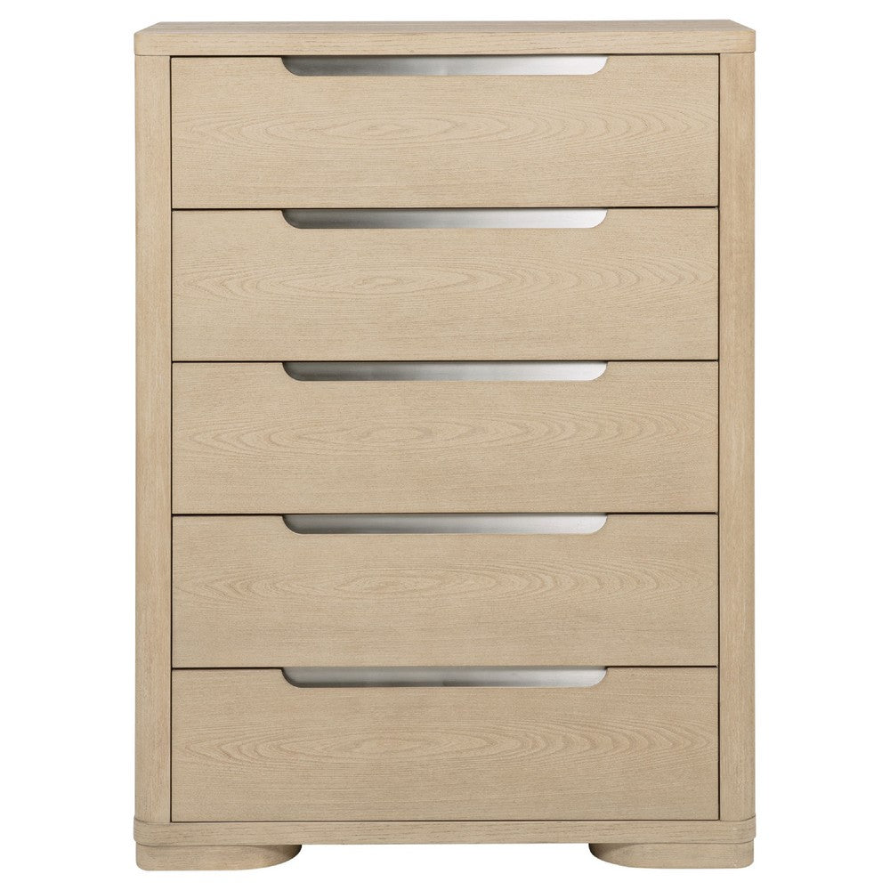 Saina Tall Dresser Chest with 5 Drawers | Fingertip Handles | Brown Wood