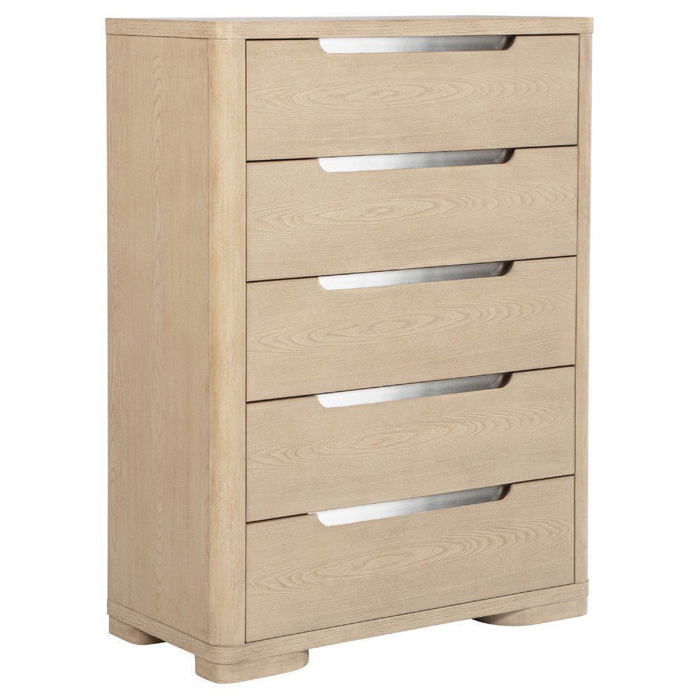 Saina Tall Dresser Chest with 5 Drawers | Fingertip Handles | Brown Wood