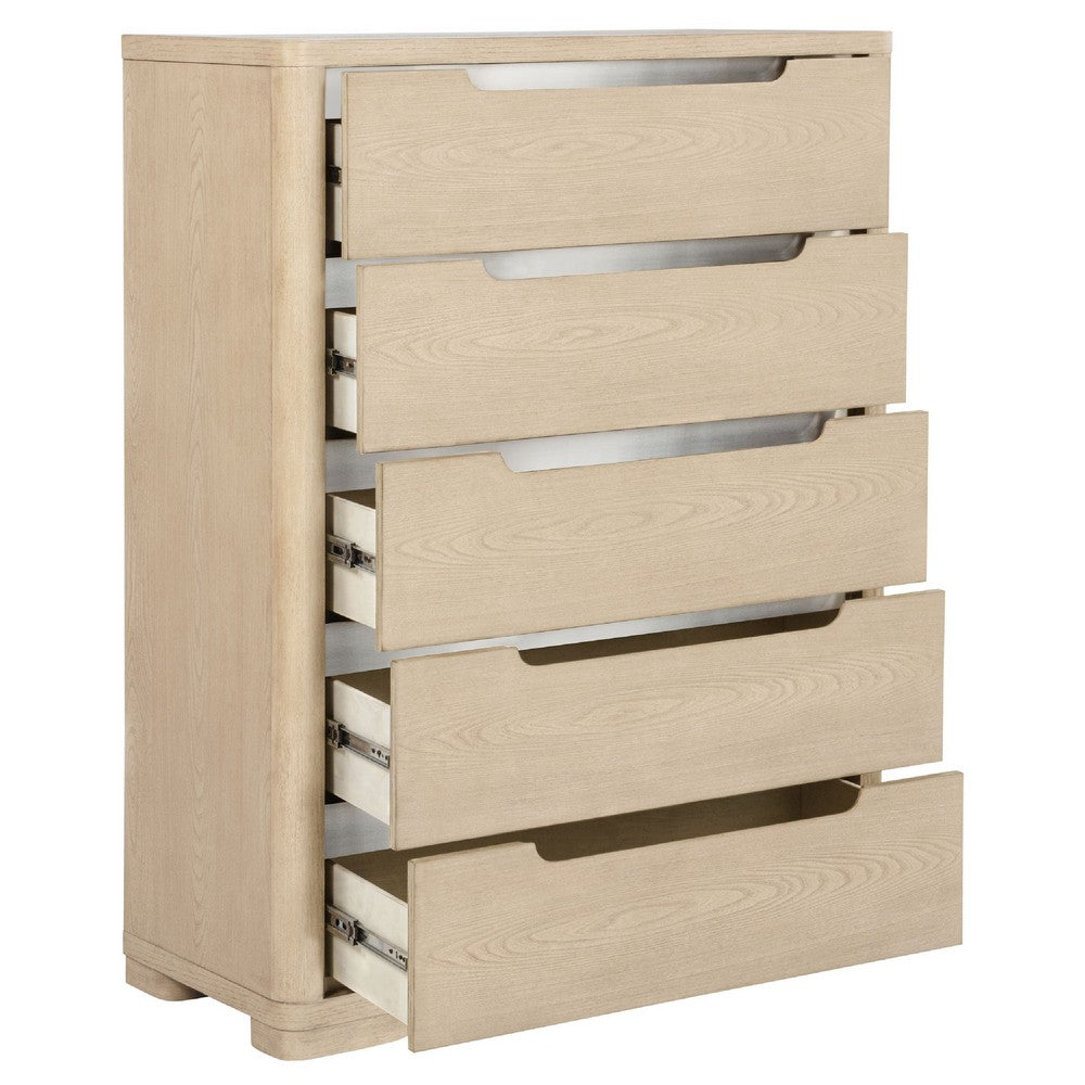 Saina Tall Dresser Chest with 5 Drawers | Fingertip Handles | Brown Wood