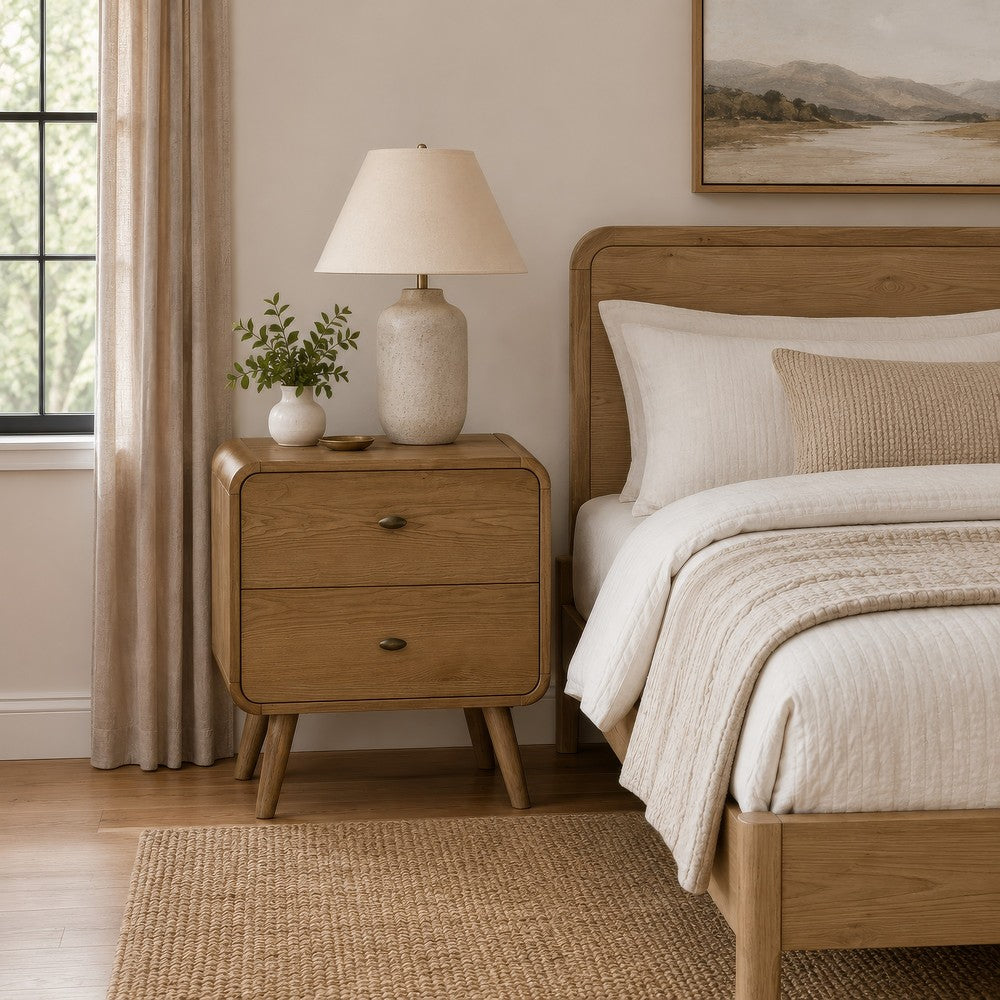 Ryb Nightstand with 2 Drawers | Curved Corners | Light Ash Wood 27"