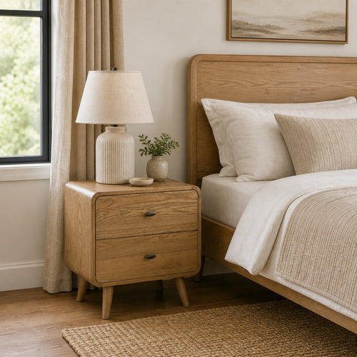 Ryb Nightstand with 2 Drawers | Curved Corners | Light Ash Wood 27"