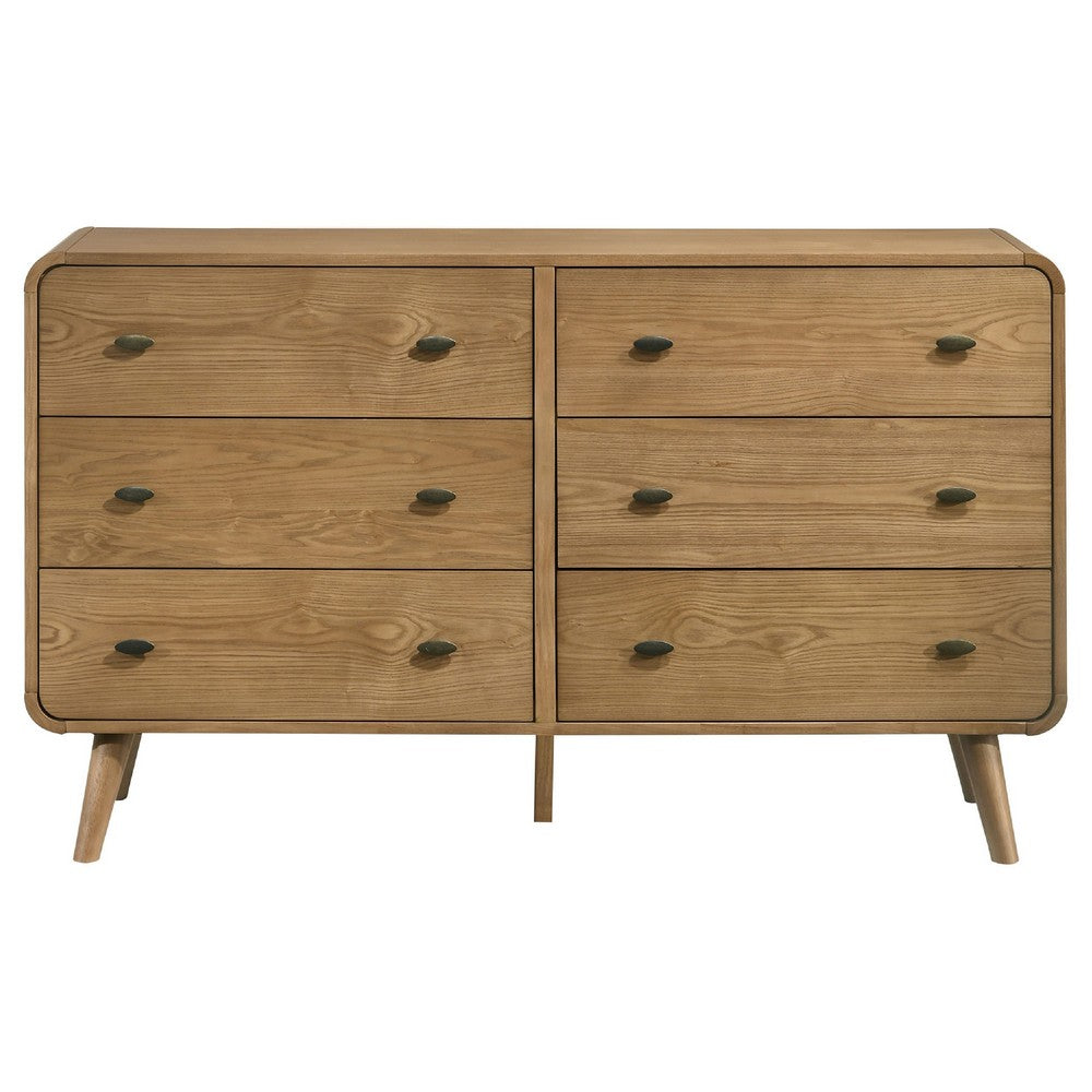Ryb Wide Dresser with 6 Drawers | Angled Legs | Brown Rubber Wood