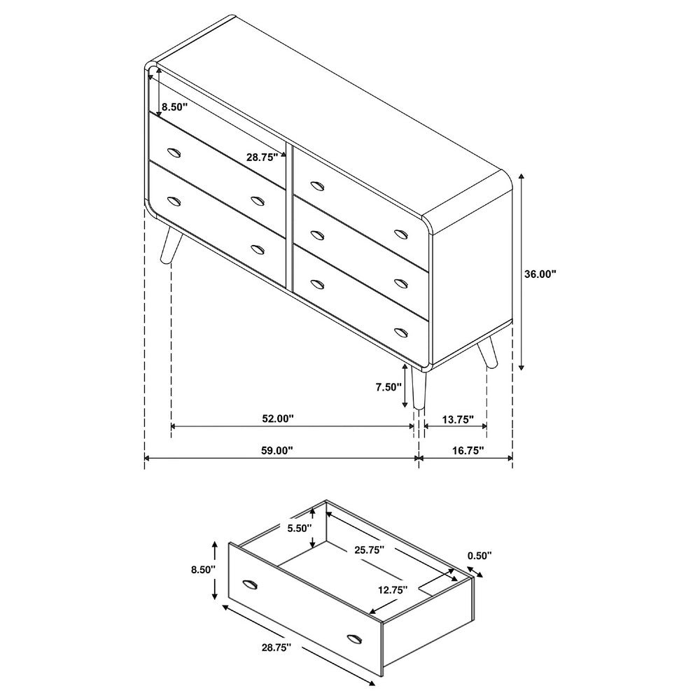 Ryb Wide Dresser with 6 Drawers | Angled Legs | Brown Rubber Wood