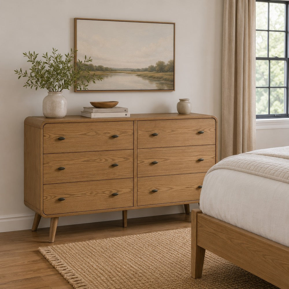 Ryb Wide Dresser with 6 Drawers | Angled Legs | Brown Rubber Wood