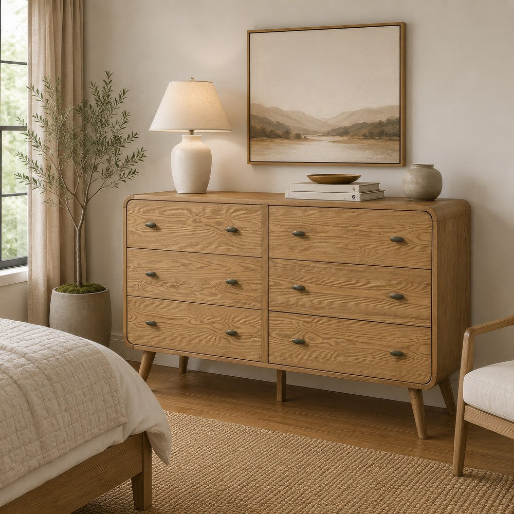 Ryb Wide Dresser with 6 Drawers | Angled Legs | Brown Rubber Wood