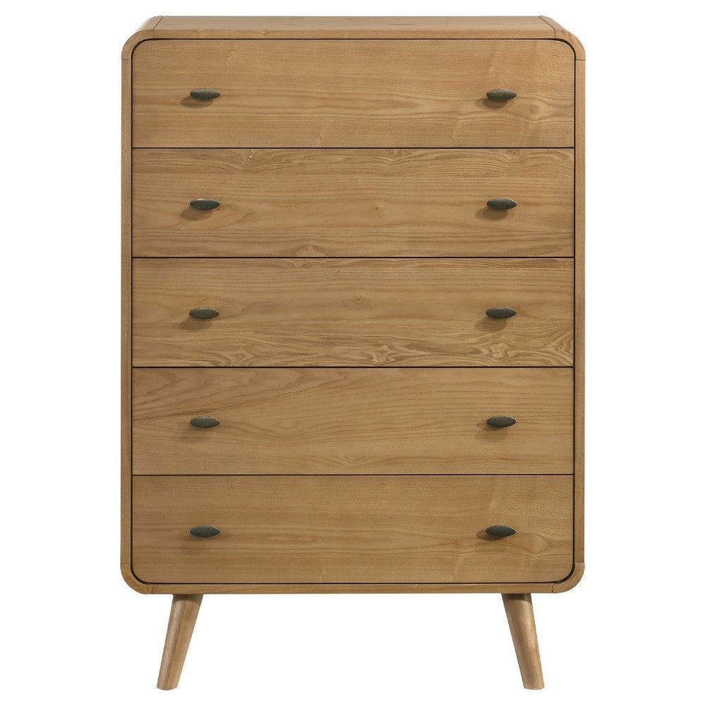 Ryb Tall Dresser Chest with 5 Drawers | Angled Legs | Brown Rubber Wood