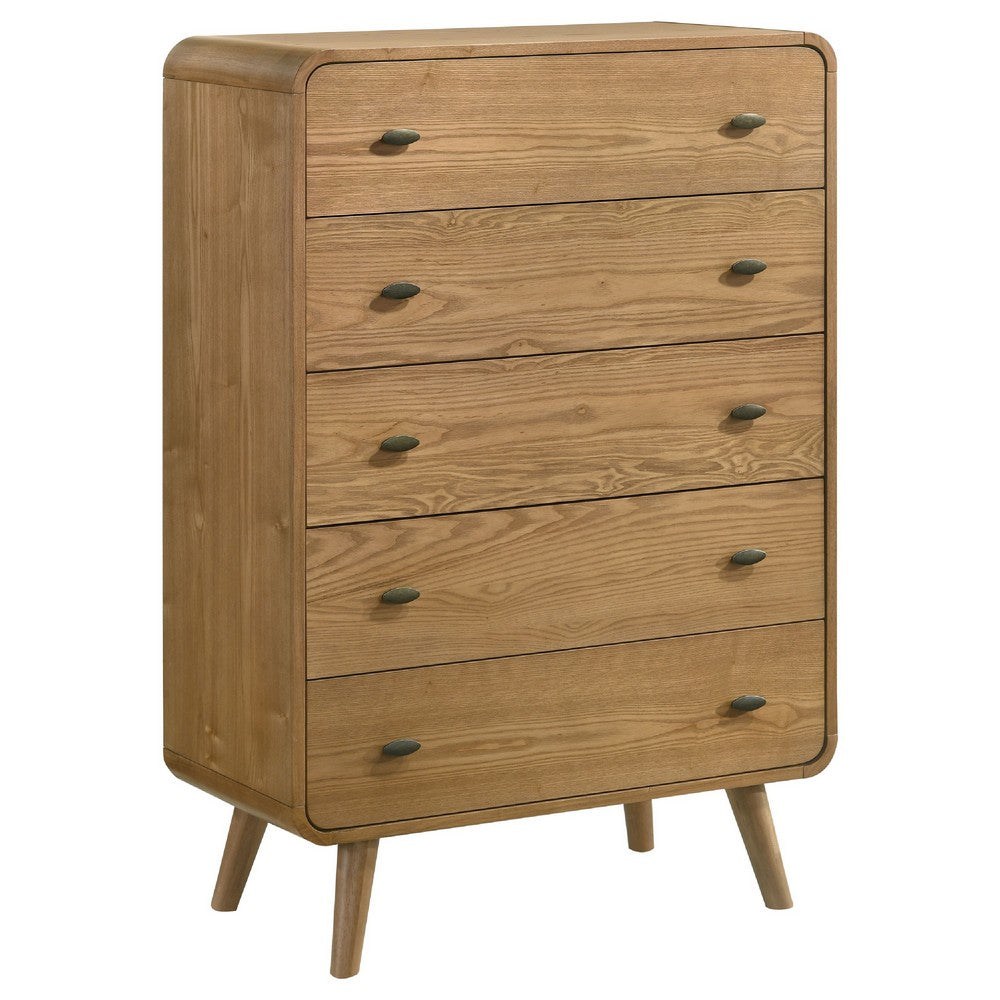 Ryb Tall Dresser Chest with 5 Drawers | Angled Legs | Brown Rubber Wood
